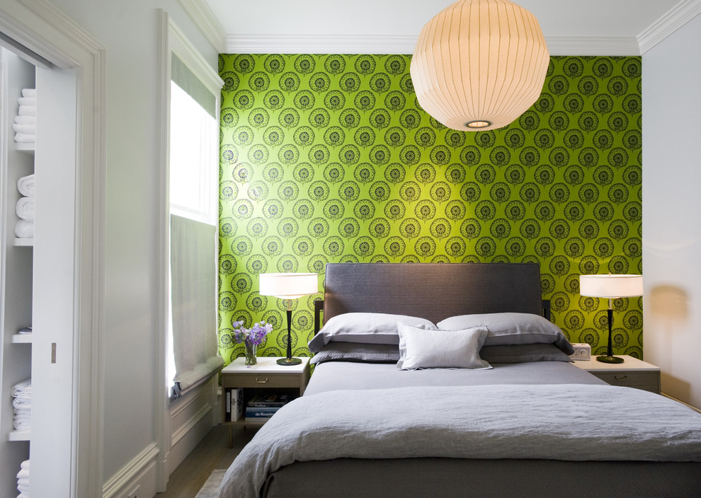 Inspiration for a modern bedroom in San Francisco with multi-coloured walls.