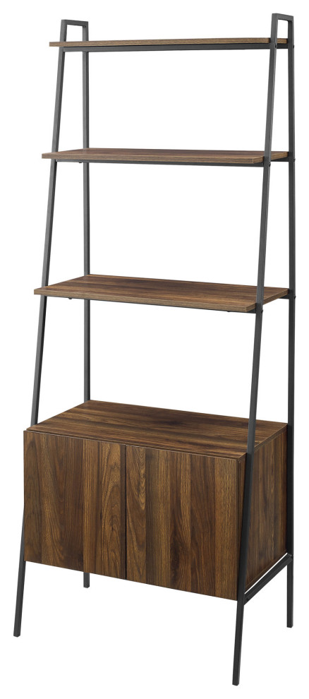 72" Urban Industrial Metal and Wood Ladder Storage With Cabinet, Dark Walnut
