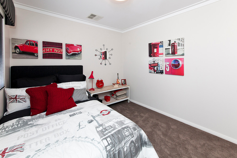 Design ideas for a mid-sized contemporary bedroom in Perth with grey walls and carpet.