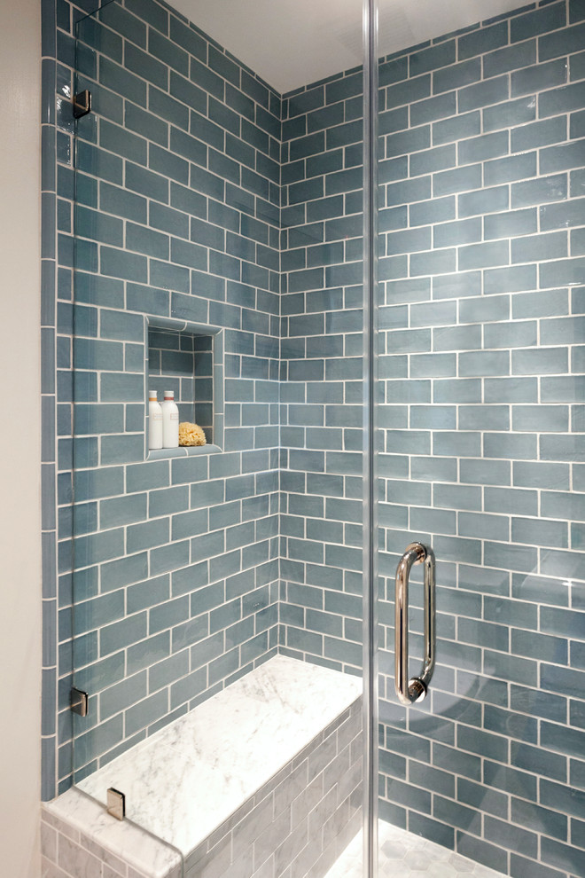 Inspiration for a mid-sized contemporary 3/4 bathroom in Los Angeles with blue tile, an alcove shower, a one-piece toilet, subway tile, grey walls, marble floors, a pedestal sink, grey floor and a hinged shower door.