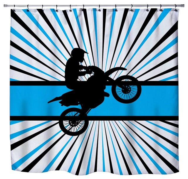 Blue Burst Dirt Bike Motocross Shower Curtain from Extremely Stoked