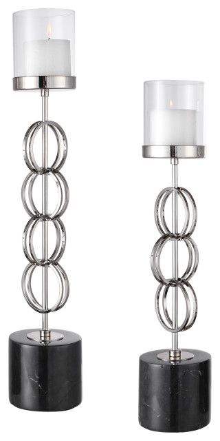 Entwined Stacked Rings Silver Candle Holder 2 Piece Set Open Metal Black Marble Transitional Candleholders By My Swanky Home Houzz
