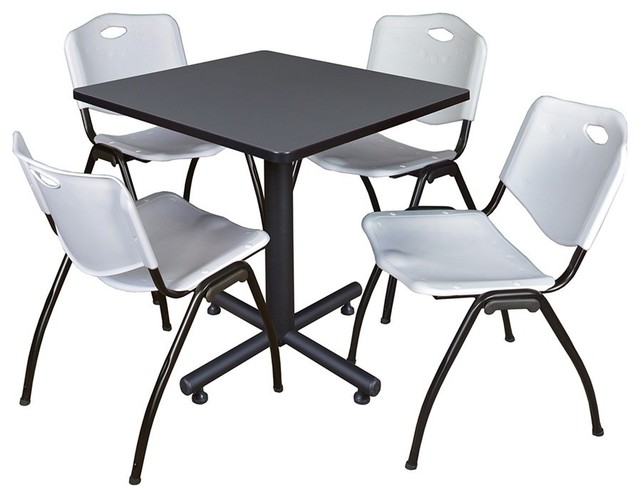 Kobe 30" Square Breakroom Table, Gray and 4 'M' Stack Chairs, Gray