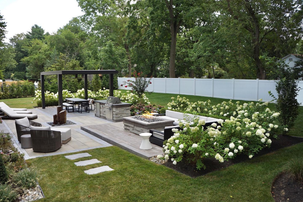 Rumson, NJ: Contemporary Patio with Pergola, Firepit & Kitchen