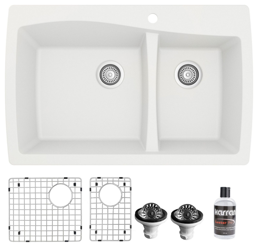 Karran Drop-In Quartz 34" 1-Hole 60/40 Double Bowl Sink Kit, White