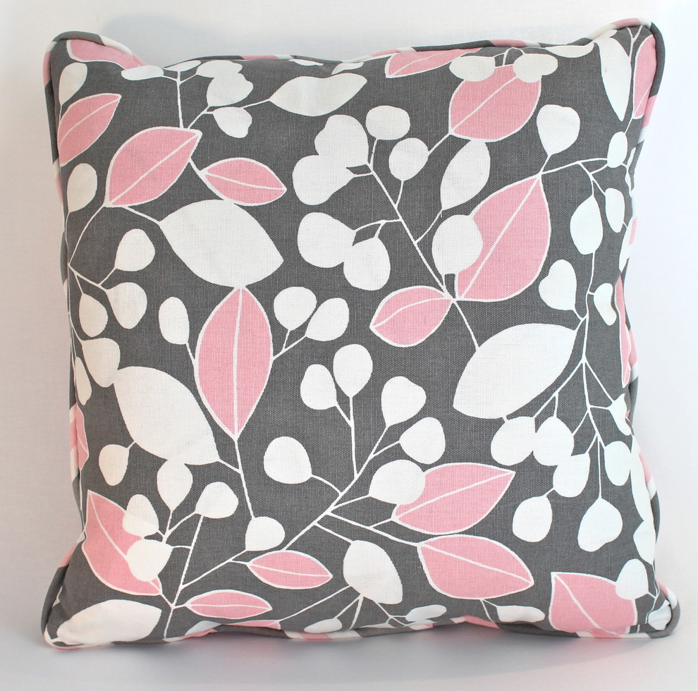 Contemporary Pink and Grey Leaves Pillow with Piping
