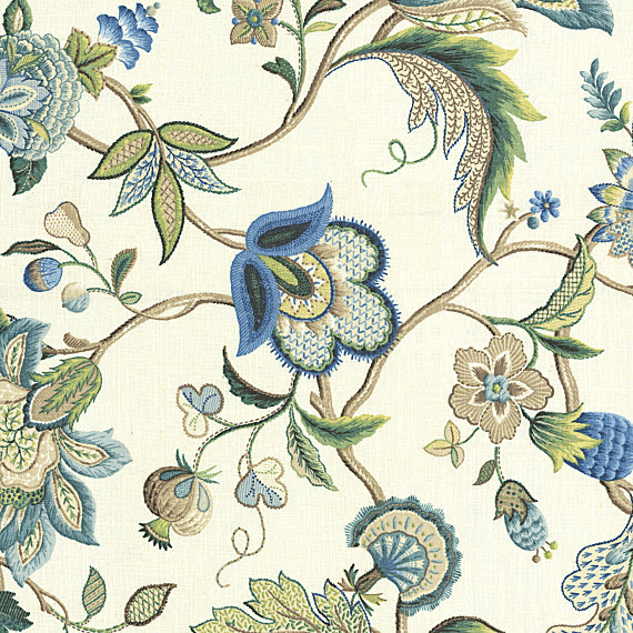 Blue Jacobean Floral Linen Fabric
