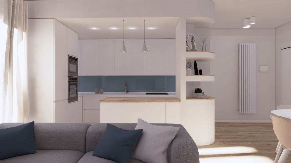 This is an example of a mid-sized scandinavian l-shaped open plan kitchen in Other with porcelain floors, brown floor, an undermount sink, flat-panel cabinets, white cabinets, quartzite benchtops, blue splashback, stainless steel appliances, a peninsula, white benchtop and recessed.