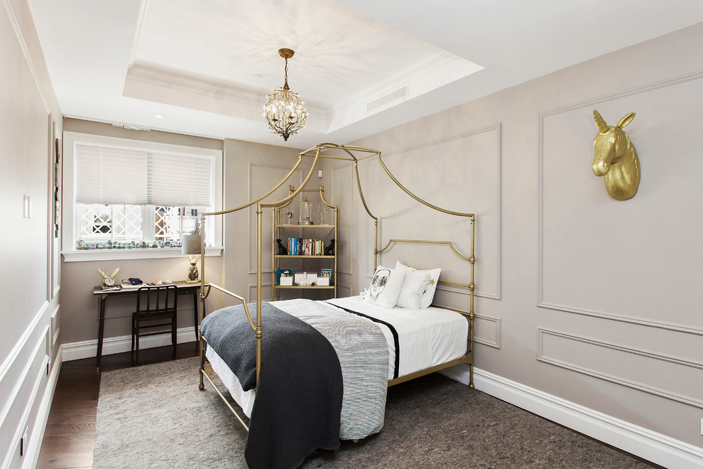 Inspiration for a transitional bedroom in New York with grey walls and dark hardwood floors.