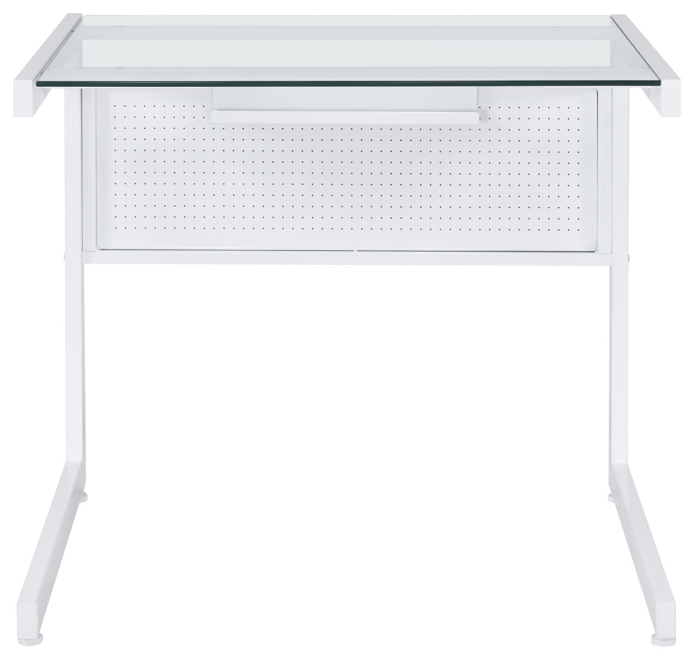 Caesar 34x28" Desk, White With Clear Tempered Glass Top