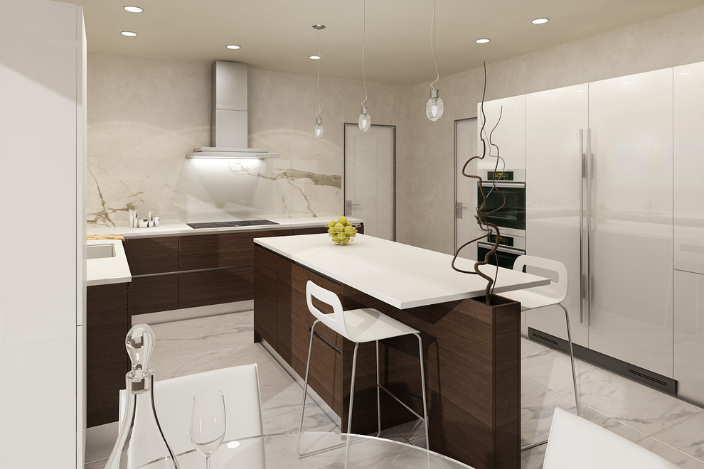 Design ideas for a mid-sized modern l-shaped eat-in kitchen in Vancouver with a single-bowl sink, flat-panel cabinets, dark wood cabinets, quartz benchtops, white splashback, stone slab splashback, stainless steel appliances, porcelain floors and with island.