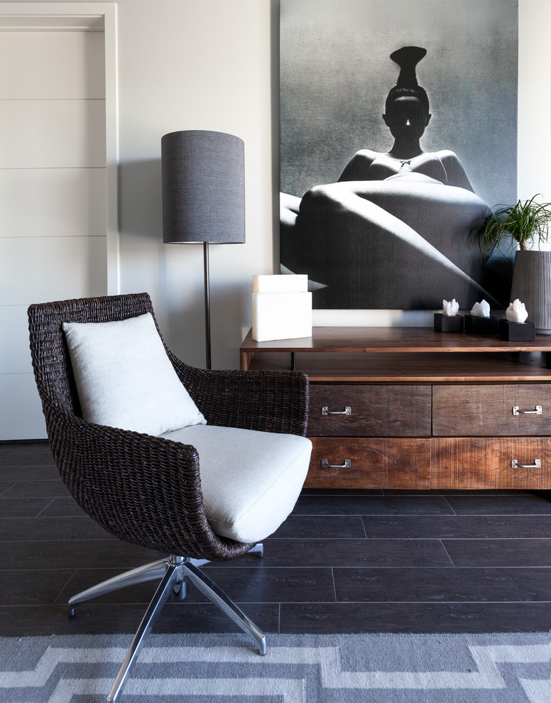Inspiration for a transitional guest bedroom in Sacramento with grey walls and porcelain floors.
