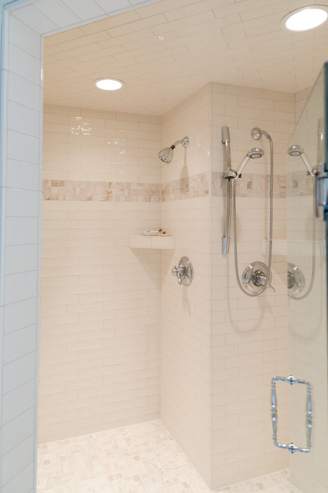 Example of a beige tile and ceramic tile ceramic tile and beige floor bathroom design