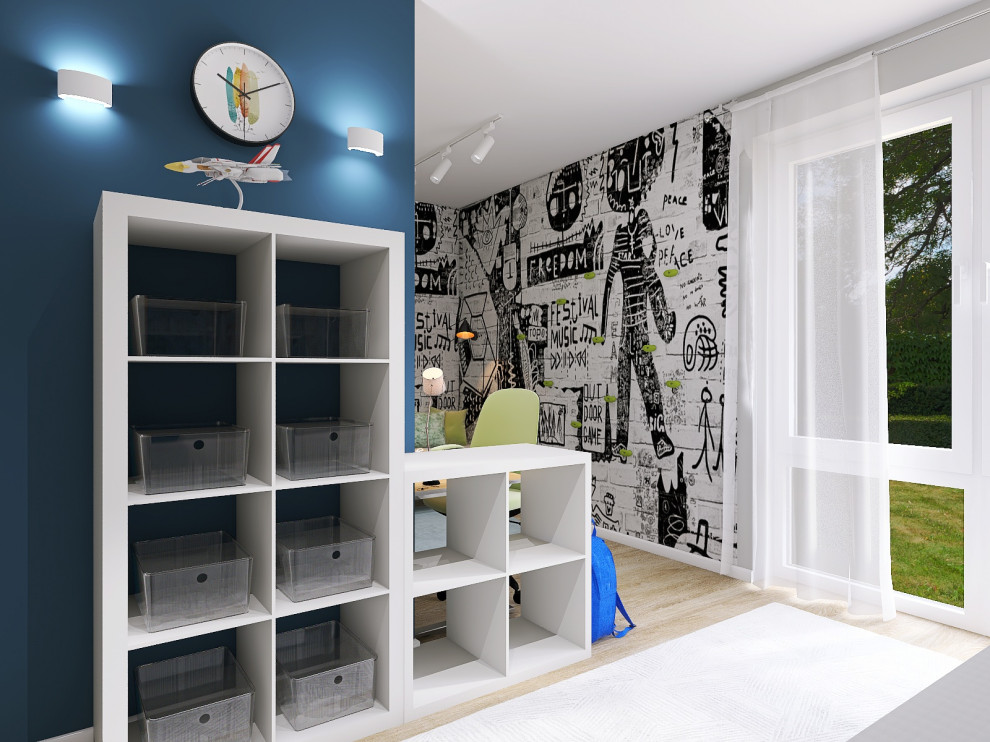 Inspiration för ett mellanstort minimalistiskt barnrum kombinerat med lekrum och för 4-10-åringar, med blå väggar