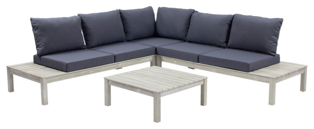 5 Seater V Shaped Acacia Sectional Sofa, 5 Seater Garden Corner Sofa Set Grey And Light Wood Mykonos