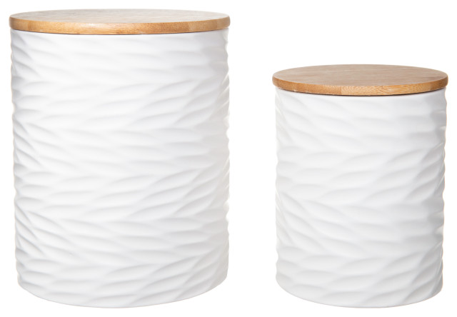 Round Ceramic Canister With Bamboo Lid Matte White Finish Set Of 2   Home Design 