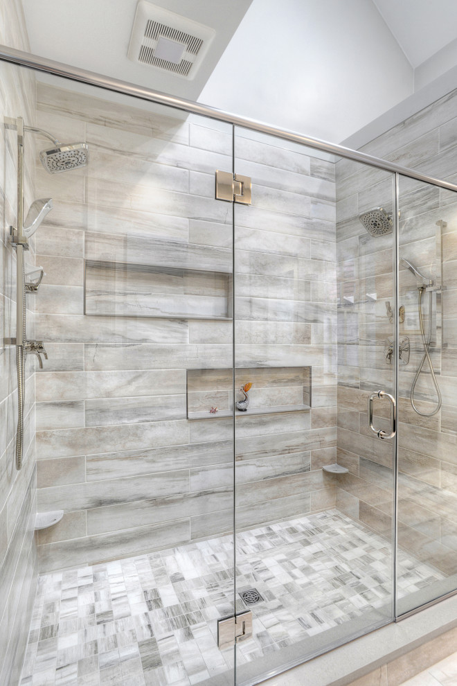 Design ideas for a mid-sized modern master bathroom in Other with a double shower, gray tile, porcelain tile, grey walls, porcelain floors, an undermount sink, engineered quartz benchtops, grey floor, a hinged shower door, beige benchtops, a double vanity, a built-in vanity and recessed.