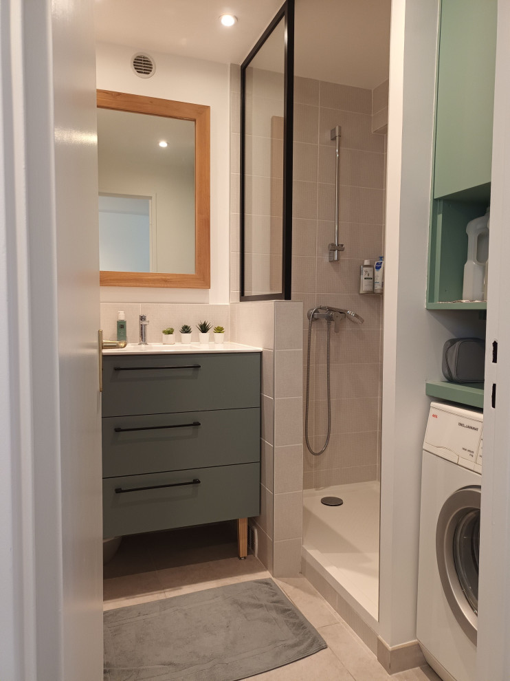 Small trendy master beige tile ceramic tile and single-sink doorless shower photo in Paris with beaded inset cabinets, green cabinets, a wall-mount toilet, red walls, solid surface countertops, white countertops and a floating vanity