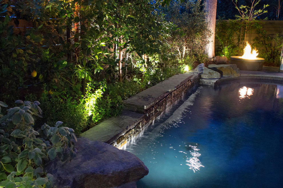 Large modern backyard kidney-shaped natural pool in Los Angeles with a water feature and natural stone pavers.