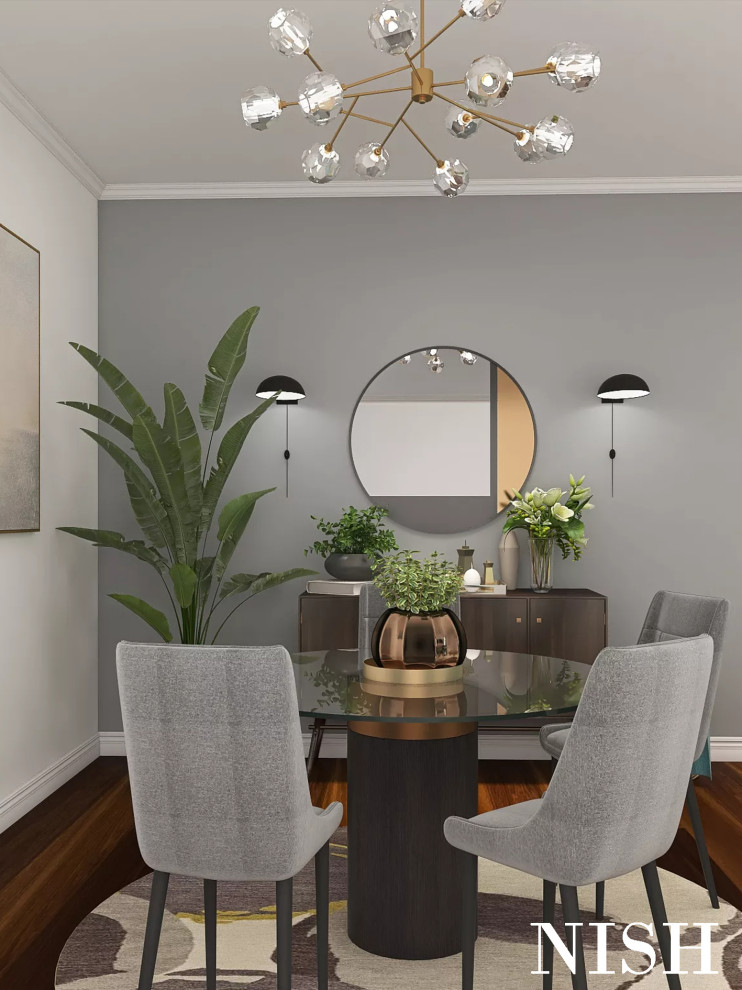 This is an example of a contemporary dining room in Other with grey walls, dark hardwood floors, a standard fireplace, a metal fireplace surround and brown floor.