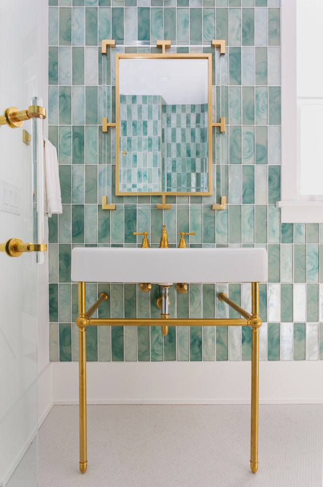 Inspiration for a medium sized nautical bathroom in Charleston with freestanding cabinets, white cabinets, a corner shower, a two-piece toilet, green tiles, glass tiles, white walls, mosaic tile flooring, an integrated sink, white floors, a hinged door, white worktops, a shower bench, a single sink and a freestanding vanity unit.