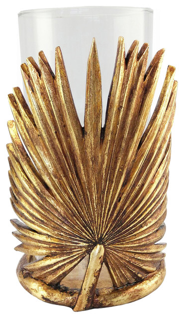 Polyresin Leaf Candle Holder With Glass, Gold Full