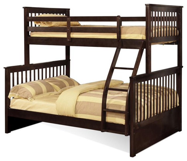 BEKids Traditional Wood Twin/Full Bunk Bed with Slats in Java Brown