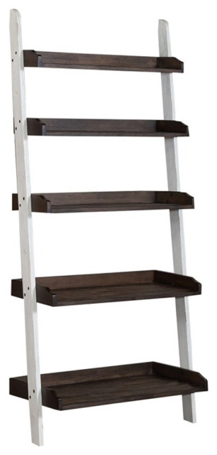 Farmhouse Transitional Rubberwood White Leaning Bookcase with 5 Shelves