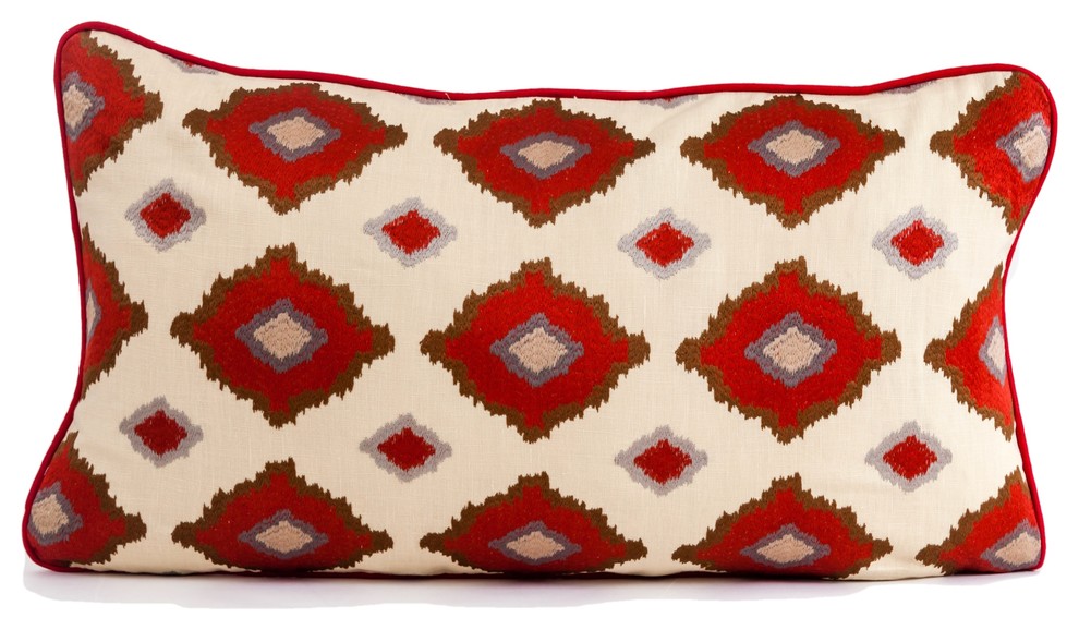 Schumacher embroidered lumbar pillow cover in pomegranate, linen pillow cover, 1