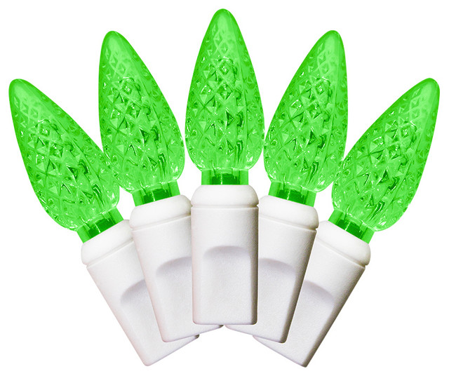35 C6 Frosted Green LED Lights 4" Spacing On White Wire Contemporary