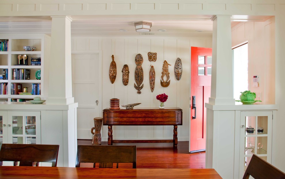 Design ideas for a mid-sized traditional entry hall in San Diego with a single front door, a red front door, white walls, dark hardwood floors and brown floor.