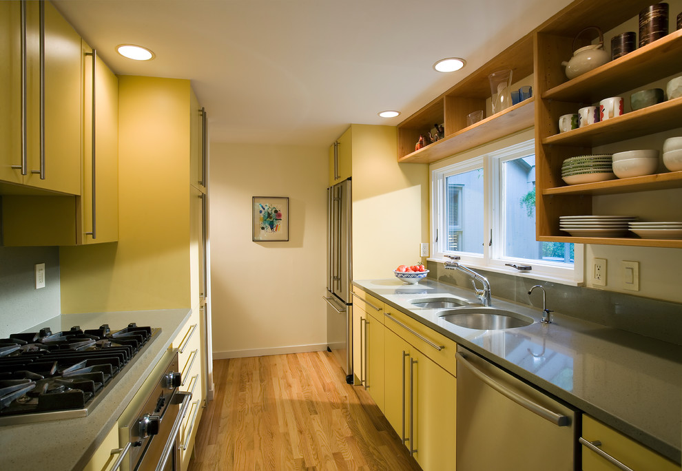 Inspiration for a contemporary galley separate kitchen in Charleston with a double-bowl sink, flat-panel cabinets, yellow cabinets and stainless steel appliances.