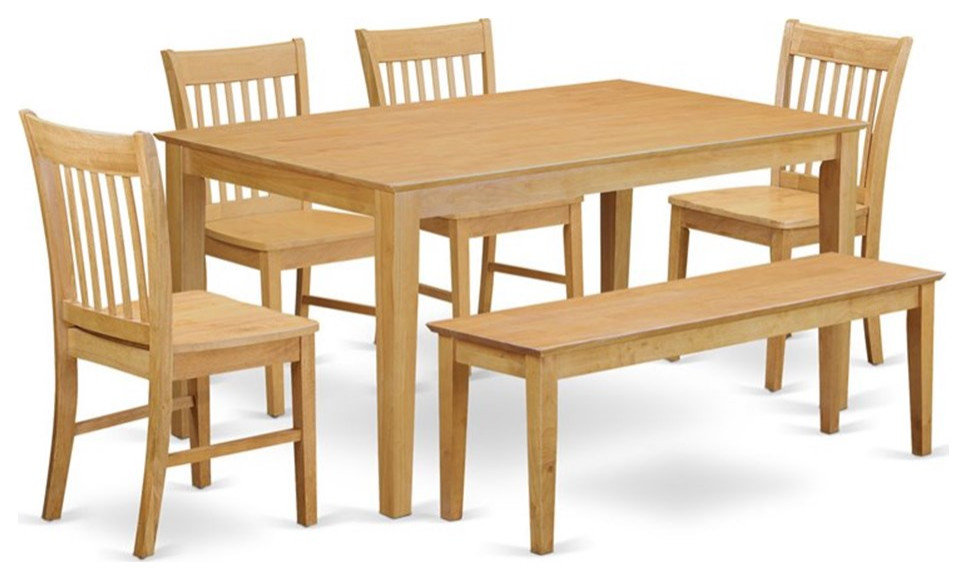 East West Furniture Capri 6-piece Wood Dining Room Set with Bench in Oak