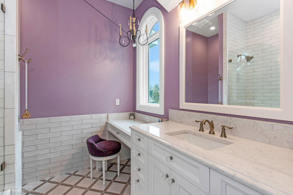 Photo of a large family bathroom in Tampa with recessed-panel cabinets, white cabinets, an alcove shower, white tiles, metro tiles, purple walls, porcelain flooring, a built-in sink, marble worktops, beige floors, an open shower, white worktops, a single sink and a built in vanity unit.