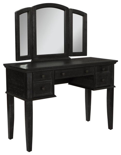 Transitional Vanity Table, 3 Panel Beveled Mirrors & 3 Storage Drawers