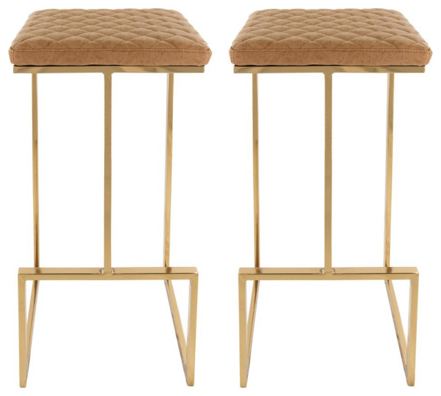 LeisureMod Quincy Leather Bar Stools With Gold Metal Frame Set of 2 Light Brown