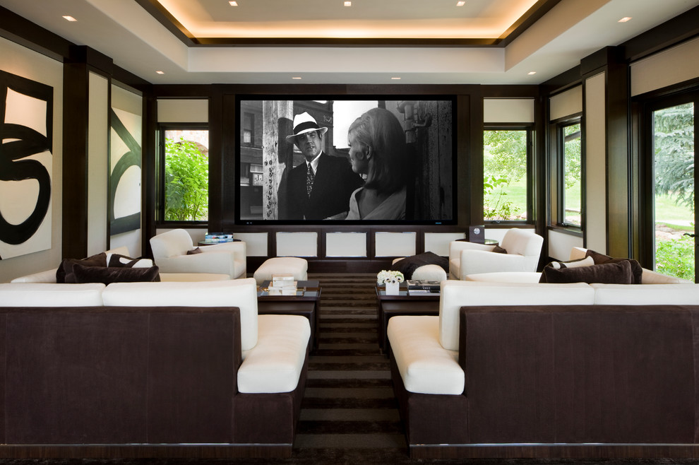 This is an example of a transitional enclosed home theatre in Denver with white walls and carpet.