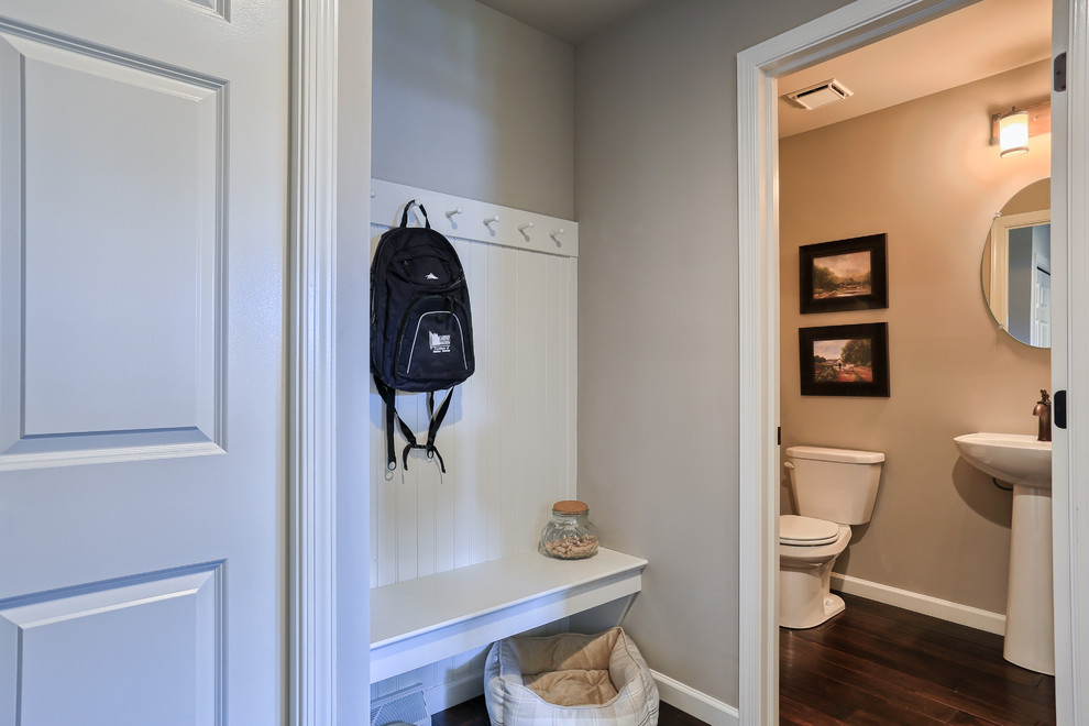 Small transitional 3/4 bathroom in Other with grey walls, dark hardwood floors and brown floor.