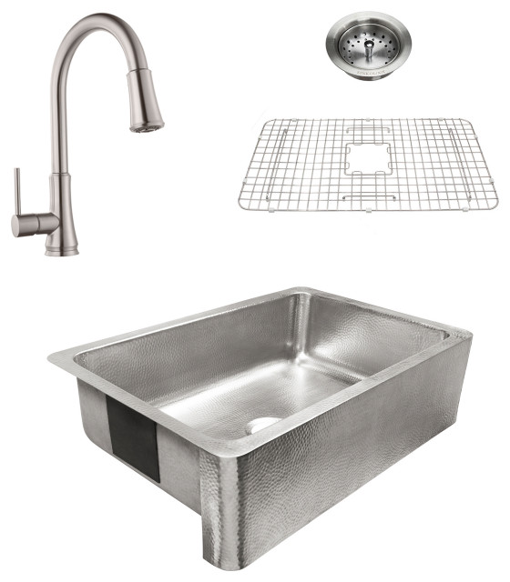 Percy Brushed Stainless All-in-One 32" Farmhouse Single Bowl, Pfirst Faucet