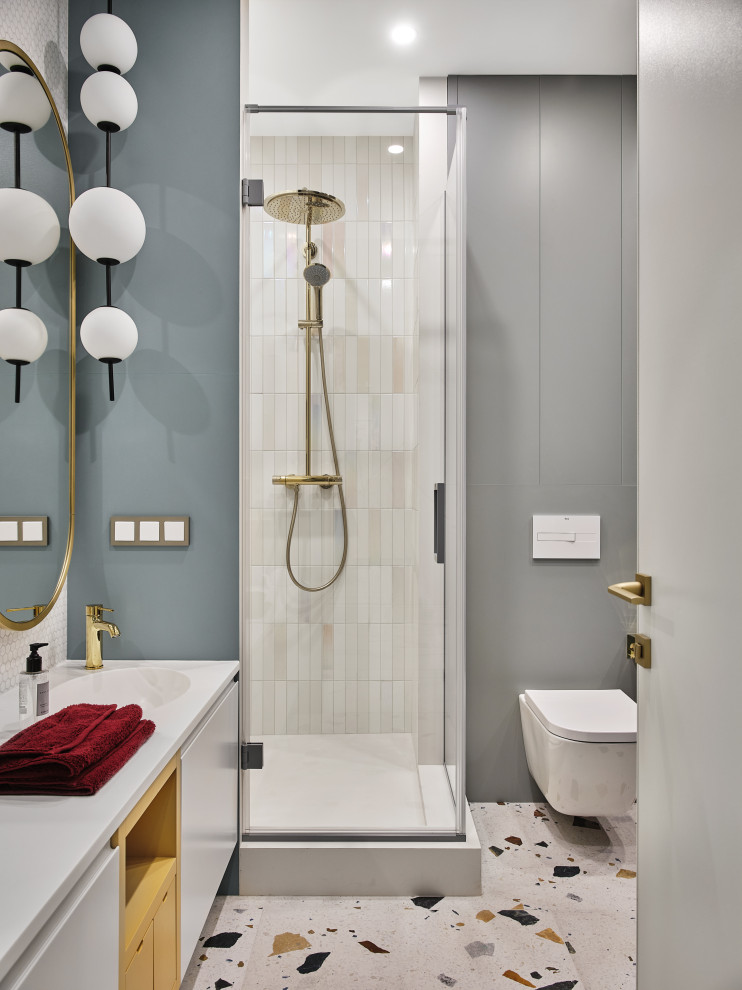 Large transitional bathroom in Moscow with a double vanity.