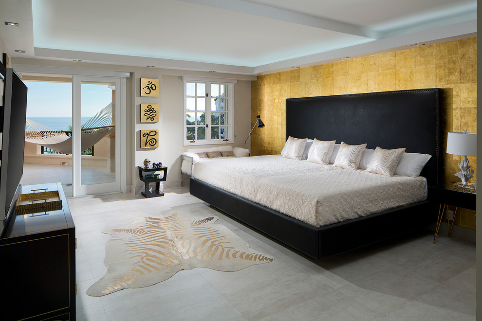 Inspiration for an asian master bedroom in Miami with white walls.