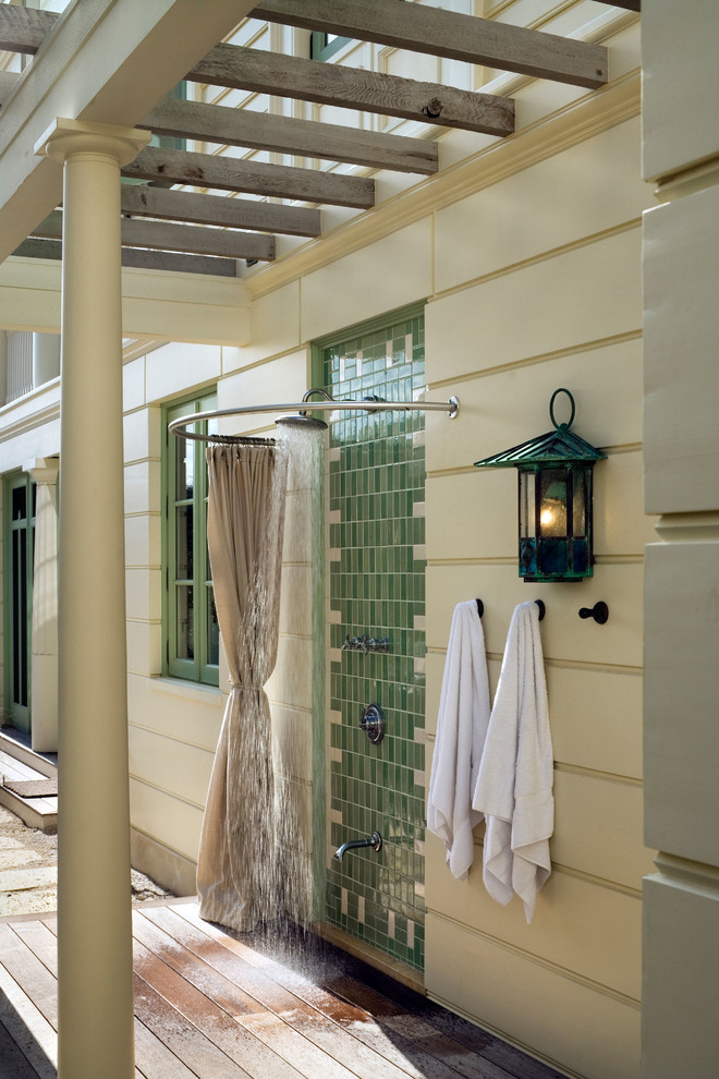 Inspiration for a coastal outdoor shower deck remodel in New York with decking and a pergola