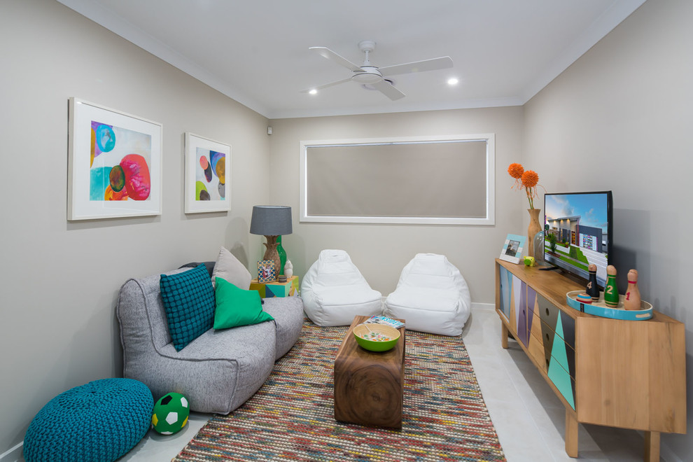 This is an example of a small transitional enclosed family room in Brisbane with grey walls and ceramic floors.