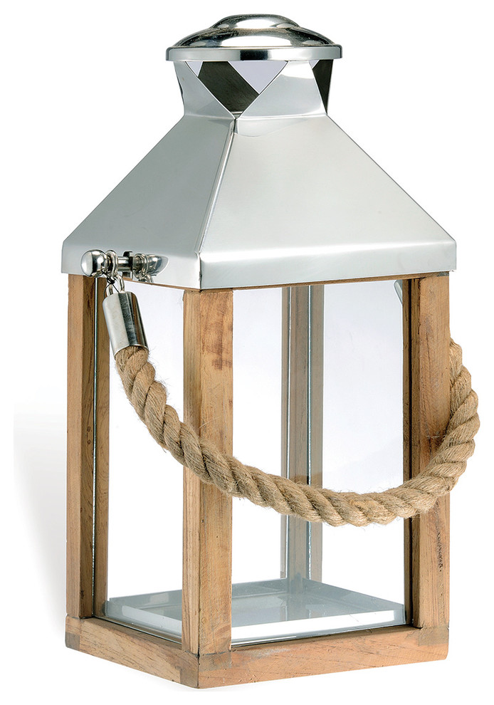 Camp Grey Nautical Modern Wood Rope Handle Lantern, 20"H