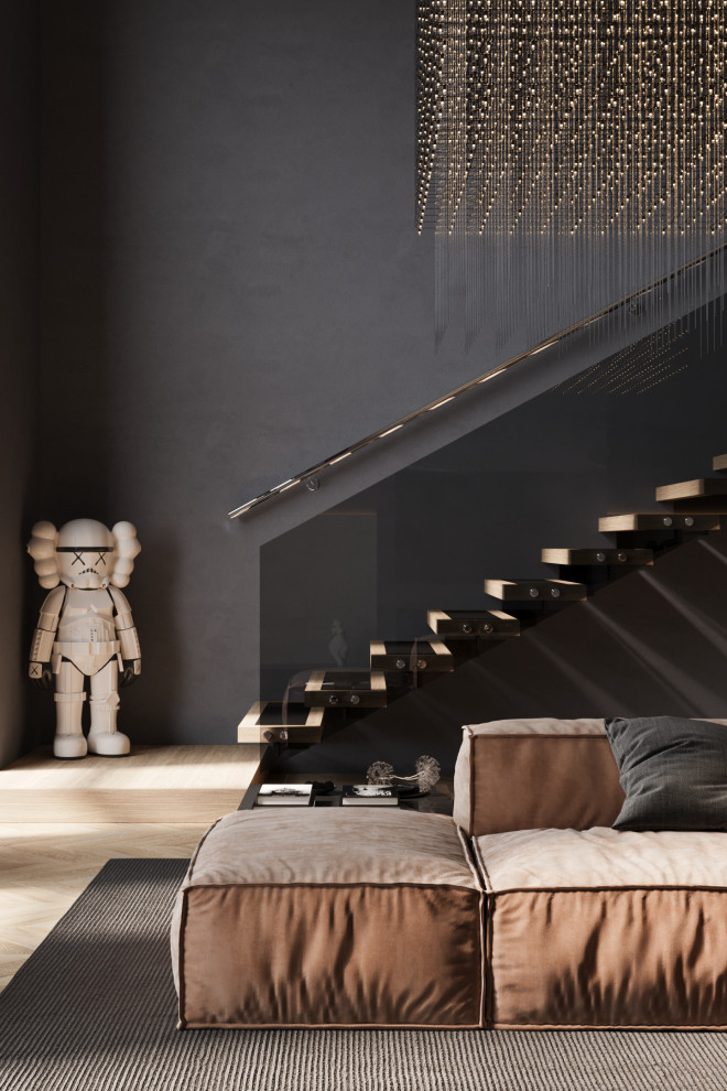 Двухуровневая квартира в тёмных оттенках с яркими акцентами