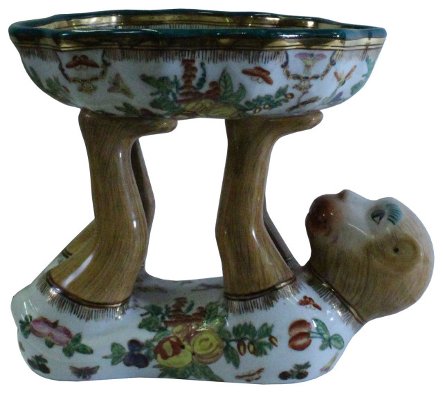 Handmade Oriental White Color Flower Monkey Holding Bowl Figure