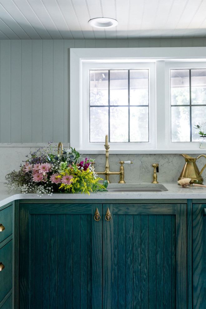 Example of a mid-sized transitional galley shiplap ceiling kitchen design with recessed-panel cabinets, green cabinets, quartz countertops, white backsplash, quartz backsplash and white countertops