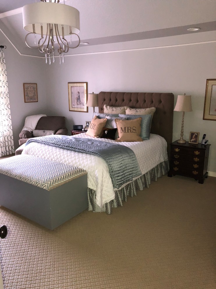 Large transitional master bedroom in Other with grey walls, carpet, no fireplace and brown floor.