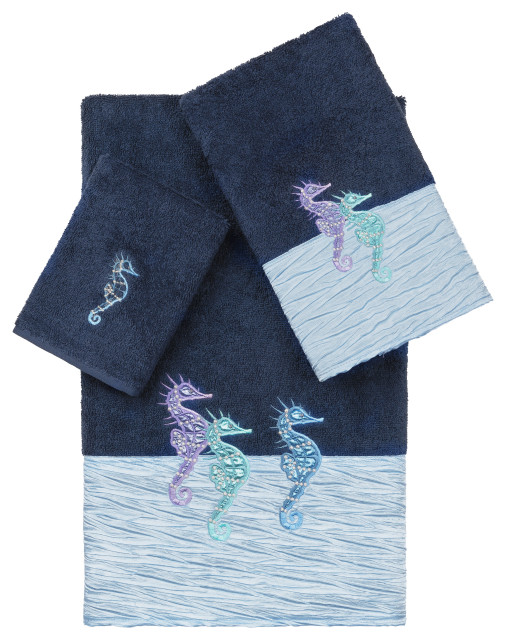 100 Turkish Cotton Sofia 3Piece Embellished Towel Set, Midnight Blue