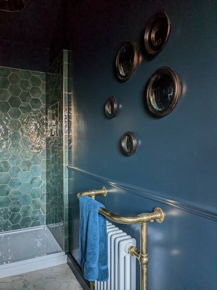 Inspiration for a country bathroom in Other with an open shower, green tile, ceramic tile, blue walls and white floor.